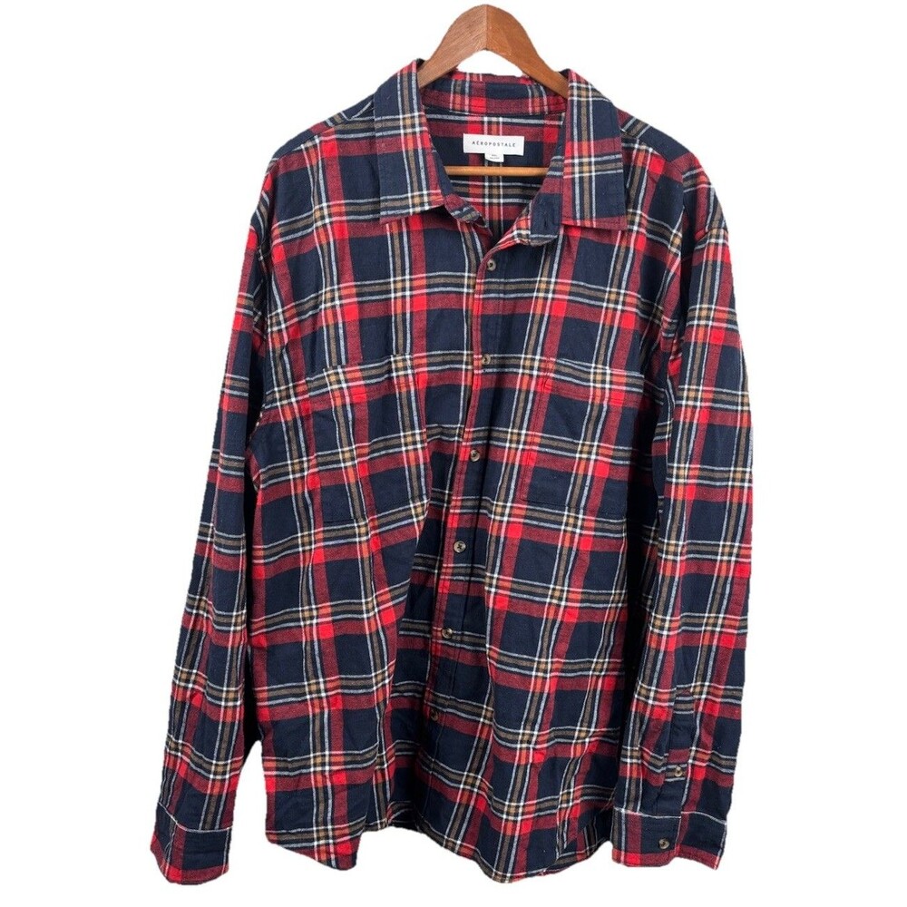 Aeropostale Men's 2XL XXL Flannel Shirt Red/Blue Plaid, Long Sleeve, Button-Up